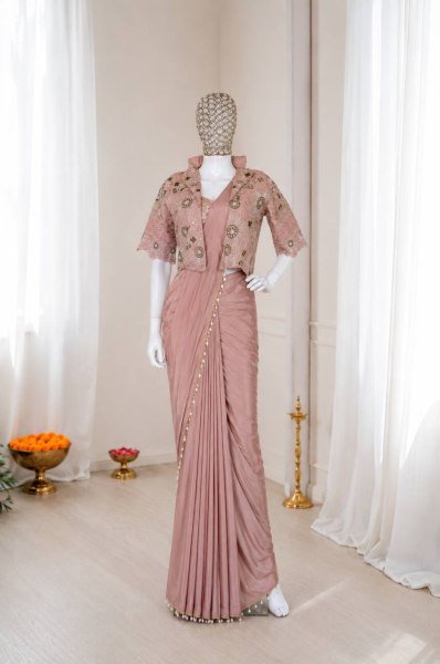 Dusty Pink Ready to Wear Crepe Silk Saree with Embroidered Jacket for Wedding Wear Ready To Wear Saree 