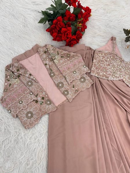 Dusty Pink Ready to Wear Crepe Silk Saree with Embroidered Jacket for Wedding Wear Ready To Wear Saree 