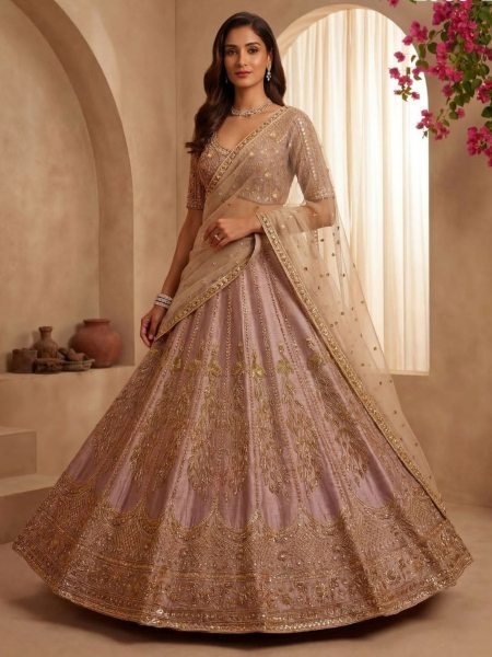 Dusty Pink Silk Bridal Lehenga with Intricate Zari and Peacock Embroidery  Lehenga