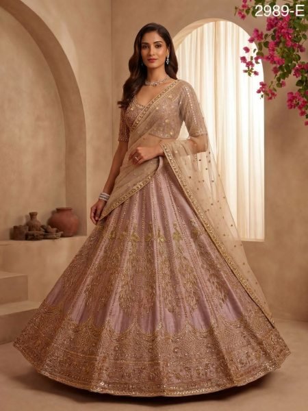 Dusty Pink Silk Bridal Lehenga with Intricate Zari and Peacock Embroidery Bridal Lehenga Choli