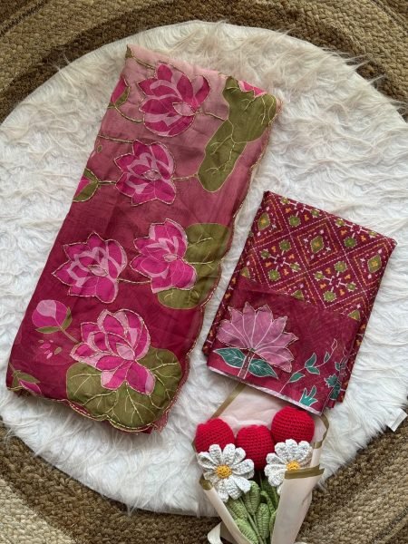 Dusty Pink Soft Organza Saree with Digital Print and Hand Embroidery at Manufacturer  Silk Sarees Wholesale