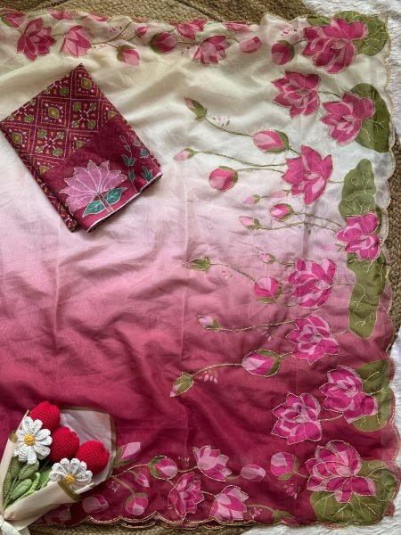 Dusty Pink Soft Organza Saree with Digital Print and Hand Embroidery at Manufacturer  Silk Sarees Wholesale