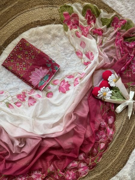 Dusty Pink Soft Organza Saree with Digital Print and Hand Embroidery at Manufacturer  Silk Sarees Wholesale