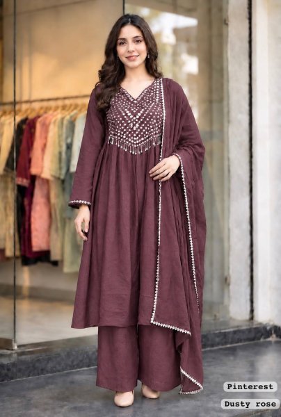 Dusty Rose Crush Silk Anarkali Kurti Set With Mirror Work At Manufacturer Price Kurti Set Anarkali Kurtis 