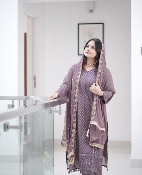 Dusty Rose Designer Georgette Suit Set Embroidered Elegance for Party Wear Ready To Wear Collection