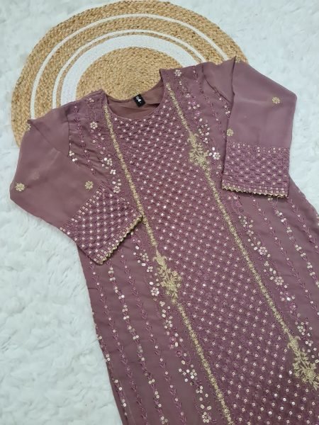 Dusty Rose Designer Georgette Suit Set Embroidered Elegance for Party Wear Ready To Wear Collection