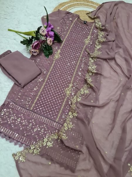 Dusty Rose Designer Georgette Suit Set Embroidered Elegance for Party Wear Ready To Wear Collection