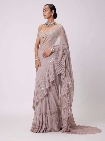 Dusty Rose Faux Georgette Ruffle Saree with Mirror Blouse Partywear Look for Export Orders Sarees 