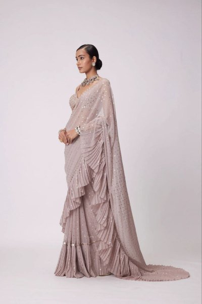 Dusty Rose Faux Georgette Ruffle Saree with Mirror Blouse Partywear Look for Export Orders Georgette Sarees Wholesale