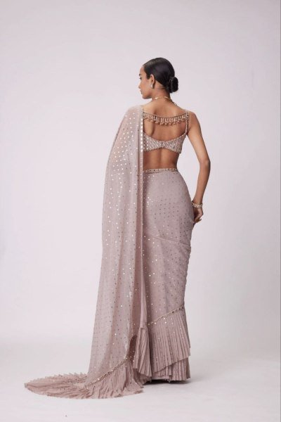 Dusty Rose Faux Georgette Ruffle Saree with Mirror Blouse Partywear Look for Export Orders Georgette Sarees Wholesale
