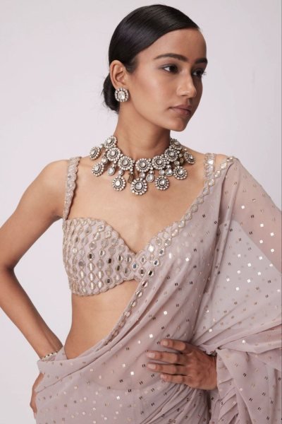 Dusty Rose Faux Georgette Ruffle Saree with Mirror Blouse Partywear Look for Export Orders Georgette Sarees Wholesale