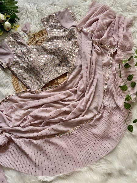 Dusty Rose Faux Georgette Ruffle Saree with Mirror Blouse Partywear Look for Export Orders Georgette Sarees Wholesale