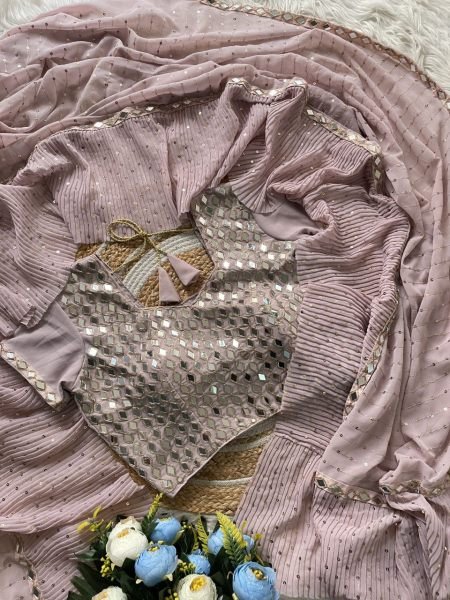 Dusty Rose Faux Georgette Ruffle Saree with Mirror Blouse Partywear Look for Export Orders Georgette Sarees Wholesale