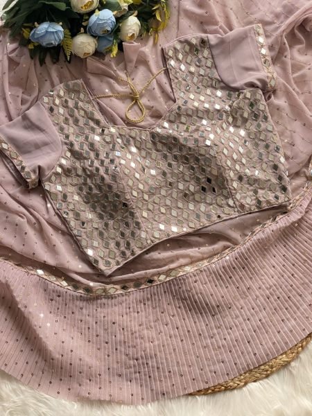 Dusty Rose Faux Georgette Ruffle Saree with Mirror Blouse Partywear Look for Export Orders Georgette Sarees Wholesale