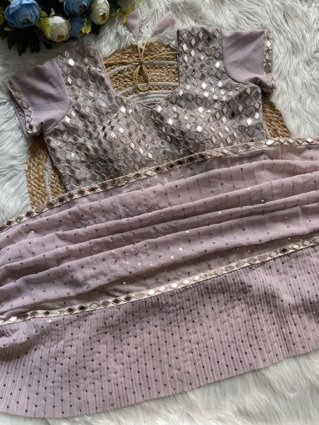 Dusty Rose Faux Georgette Ruffle Saree with Mirror Blouse Partywear Look for Export Orders Georgette Sarees Wholesale