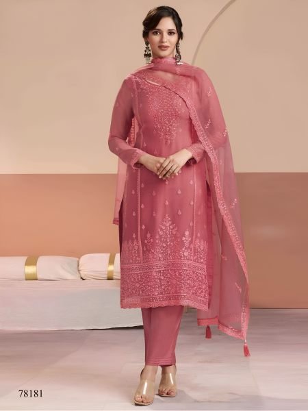 Dusty Rose Heavy Chiffon Embroidered 3 Piece Suit Set with Santoon Silk Inner at Manufacturer Rate Salwar Kameez