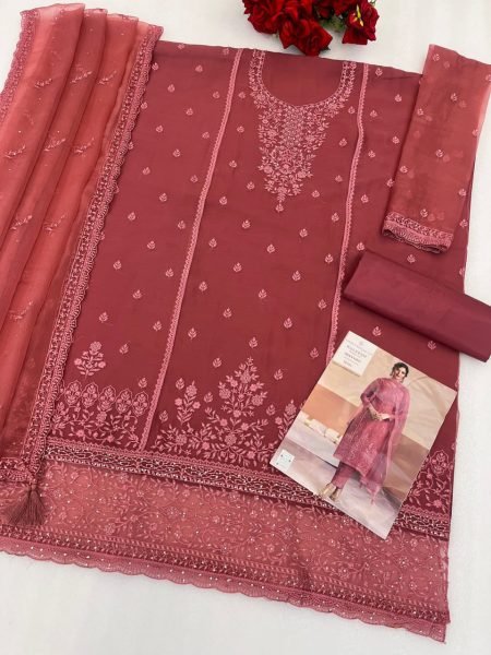 Dusty Rose Heavy Chiffon Embroidered 3 Piece Suit Set with Santoon Silk Inner at Manufacturer Rate Churidar Salwar Suits Wholesale