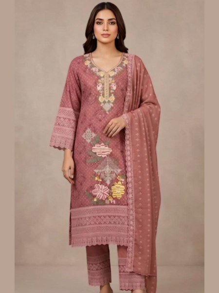 Dusty Rose Pink Heavy Georgette Embroidered Suit Set with Schiffli Style and Dupatta 
