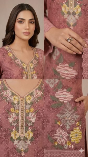 Dusty Rose Pink Heavy Georgette Embroidered Suit Set with Schiffli Style and Dupatta Pakistani Suits Wholesale