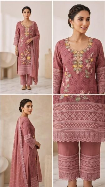 Dusty Rose Pink Heavy Georgette Embroidered Suit Set with Schiffli Style and Dupatta Pakistani Suits Wholesale