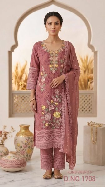 Dusty Rose Pink Heavy Georgette Embroidered Suit Set with Schiffli Style and Dupatta Pakistani Suits Wholesale