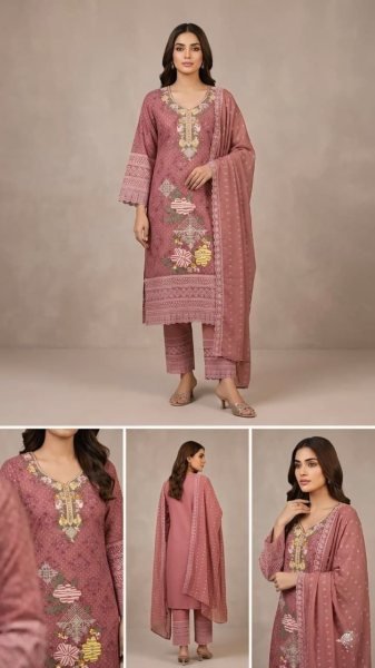 Dusty Rose Pink Heavy Georgette Embroidered Suit Set with Schiffli Style and Dupatta Pakistani Suits Wholesale