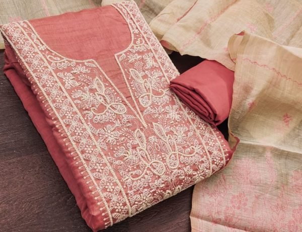 Dusty Rose Pink Jamdani Cotton Handwork Dress Material with Jacquard Dupatta Cotton Dress Material