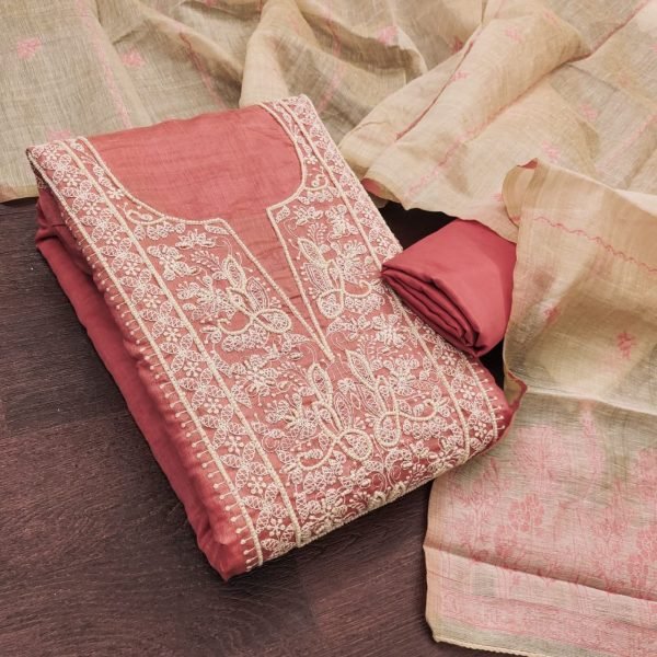 Dusty Rose Pink Jamdani Cotton Handwork Dress Material with Jacquard Dupatta Cotton Dress Material