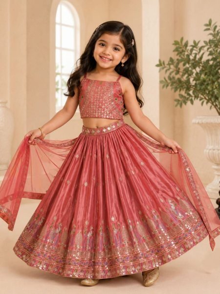 Dusty Rose Pink Sequins Embroidered Lehenga with Heavy Chinon Dupatta for Women Kurtis