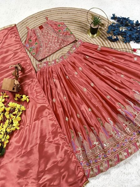 Dusty Rose Pink Sequins Embroidered Lehenga with Heavy Chinon Dupatta for Women Girls Wear