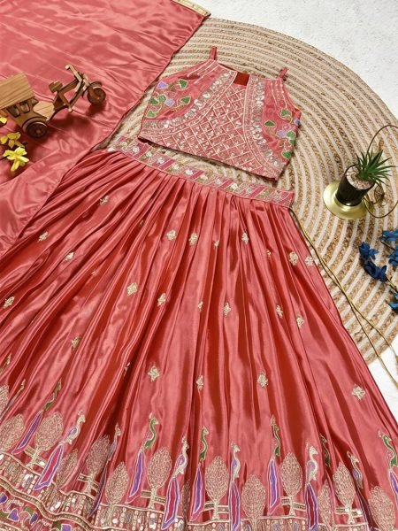 Dusty Rose Pink Sequins Embroidered Lehenga with Heavy Chinon Dupatta for Women Girls Wear