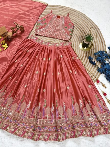 Dusty Rose Pink Sequins Embroidered Lehenga with Heavy Chinon Dupatta for Women Girls Wear