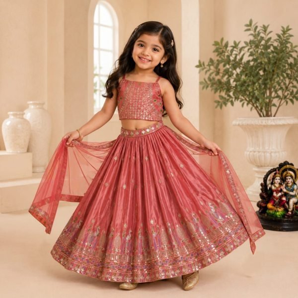 Dusty Rose Pink Sequins Embroidered Lehenga with Heavy Chinon Dupatta for Women Girls Wear