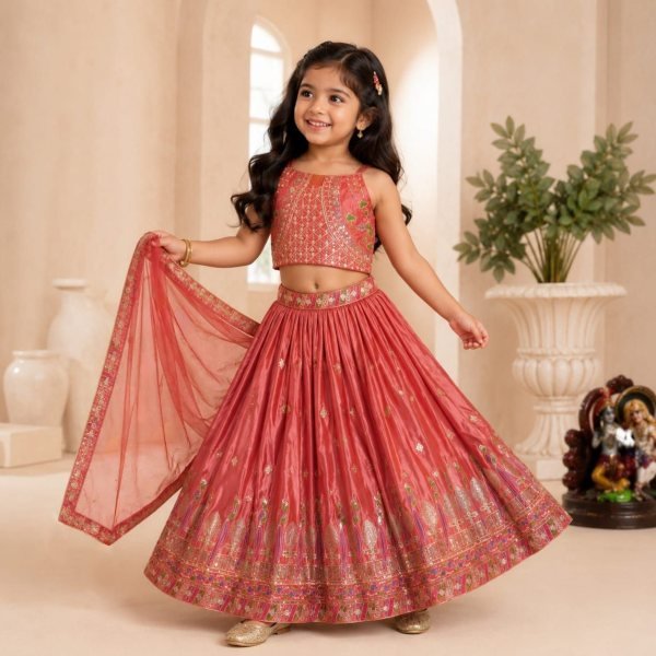 Dusty Rose Pink Sequins Embroidered Lehenga with Heavy Chinon Dupatta for Women Girls Wear