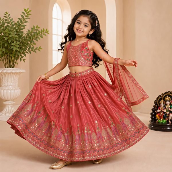 Dusty Rose Pink Sequins Embroidered Lehenga with Heavy Chinon Dupatta for Women Girls Wear