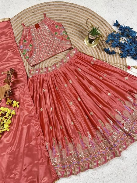 Dusty Rose Pink Sequins Embroidered Lehenga with Heavy Chinon Dupatta for Women Girls Wear