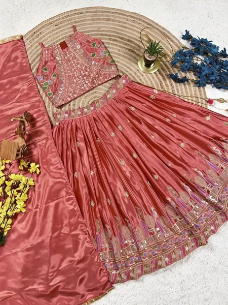 Dusty Rose Pink Sequins Embroidered Lehenga with Heavy Chinon Dupatta for Women Girls Wear