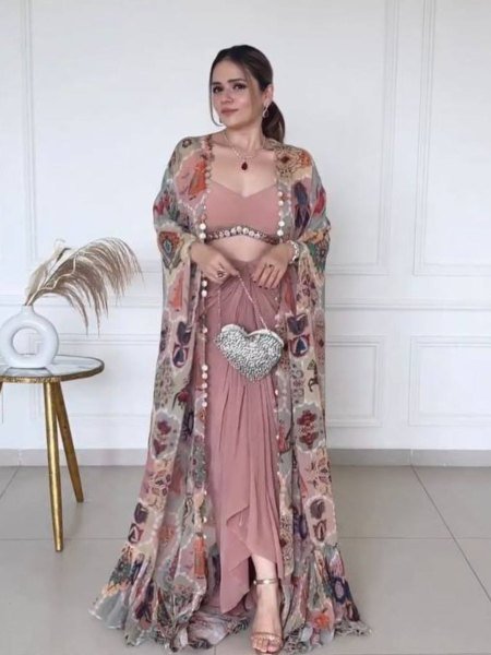 Dusty Rose Silk Dhoti Set with Mirror Blouse and Printed Shrug Party Ready Look Ready To Wear Suit
