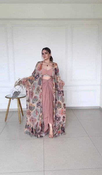 Dusty Rose Silk Dhoti Set with Mirror Blouse and Printed Shrug Party Ready Look Ready To Wear Collection