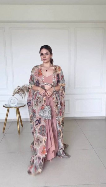 Dusty Rose Silk Dhoti Set with Mirror Blouse and Printed Shrug Party Ready Look Ready To Wear Collection