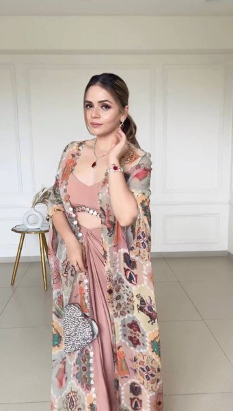 Dusty Rose Silk Dhoti Set with Mirror Blouse and Printed Shrug Party Ready Look Ready To Wear Collection