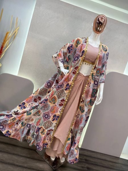 Dusty Rose Silk Dhoti Set with Mirror Blouse and Printed Shrug Party Ready Look Ready To Wear Collection
