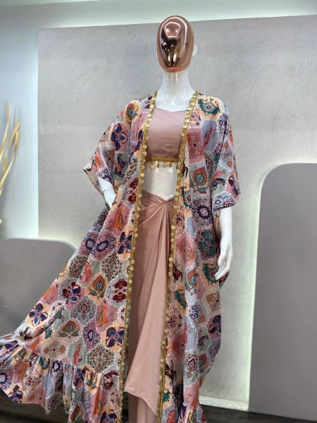 Dusty Rose Silk Dhoti Set with Mirror Blouse and Printed Shrug Party Ready Look Ready To Wear Collection