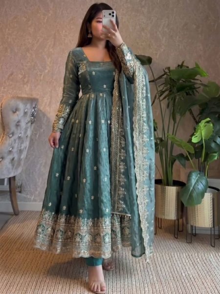 Dusty Teal Blue Heavy Fandy Silk Party Wear Gown with Embroidered Dupatta and Pant Set 