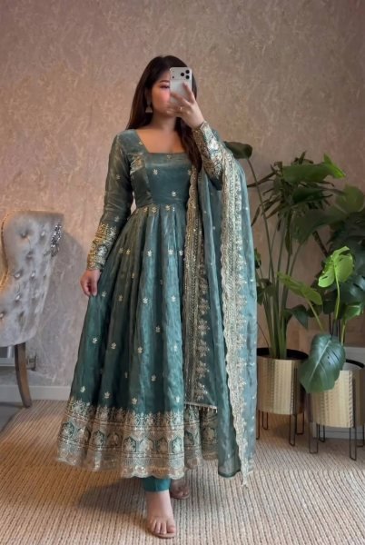 Dusty Teal Blue Heavy Fandy Silk Party Wear Gown with Embroidered Dupatta and Pant Set Ready To Wear Collection