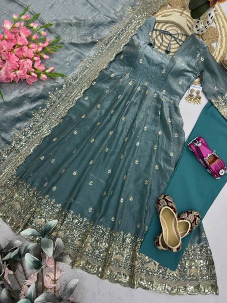 Dusty Teal Blue Heavy Fandy Silk Party Wear Gown with Embroidered Dupatta and Pant Set Ready To Wear Collection