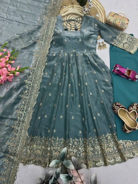 Dusty Teal Blue Heavy Fandy Silk Party Wear Gown with Embroidered Dupatta and Pant Set Ready To Wear Collection
