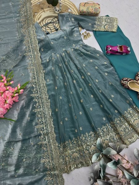 Dusty Teal Blue Heavy Fandy Silk Party Wear Gown with Embroidered Dupatta and Pant Set Ready To Wear Collection