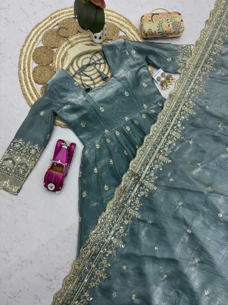 Dusty Teal Blue Heavy Fandy Silk Party Wear Gown with Embroidered Dupatta and Pant Set Ready To Wear Collection