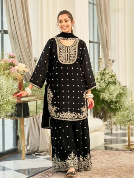 Dynamic Black Heavy Chinon Top Plazo Dupatta Set with Embroidery Work for Wedding Salwar Kameez